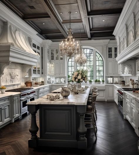 Modern Castle Kitchen, Huge Kitchen Luxury, Cupboards Designs, Big Open Kitchen, Big Kitchen Ideas, Kitchen Cupboards Design, Dramatic Kitchen, Cupboards Design, Dinig Room