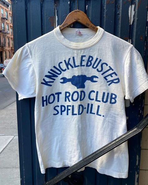 Matt Karlin on Instagram: "This 60s Hot Rod Club tee went first day but I got a full rack of goodies set up at @fineanddandyarchives all weekend. If you’re in NYC come check it out! #carclubs #carclubjacket #vintagecarclub #vintagehotrod #hotrodshop #dragracer #dragracing #vintageforsale #vintagefinds #vintageboutique #thrifted #mensfashion #womensfashion #ootdfashion #garagestyle #rarevintage #truevintageootd #truevintage #1960sstyle #vintageworkwear #workwearstyle #ruggedstyle #60sfashion #60s Vintage White T-shirt With Graphic Design, Vintage Fitted T-shirt With Logo Print, Vintage Racing Tee, Vintage Car Shirt, Vintage Shirt Design, Vintage Car Graphic Tee, Vintage Workwear, Shirt Design Inspiration, Vintage Tee