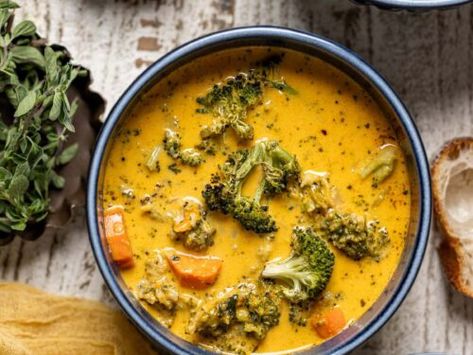 Roasted Broccoli Cheddar Soup Creamy Broccoli Cheddar Soup, Soup Simple, Broccoli Cheddar Soup Recipe, Simple Healthy Recipes, Veggie Stock, Dairy Free Cheese, Herb Seasoning, Broccoli Cheddar Soup, Chopped Carrots