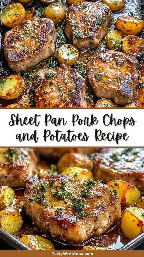 Looking for an easy weeknight dinner? This Sheet Pan Pork Chops and Potatoes recipe brings together juicy, flavorful pork chops with perfectly roasted potatoes, all cooked on one pan for maximum flavor and minimal cleanup. Perfect for busy nights or family gatherings, save this recipe now for a delicious and hassle-free meal idea! Pork Chop One Sheet Pan, Easy Delicious Pork Chop Recipe, Pork Chop Casserole Recipes Potatoes, Food Recipes Pork Chops, Pot Chop Recipes, 1 Pan Pork Chop Dinner, Easy Dinner Ideas Pork Chops, Thick Chops Recipe, Ways To Cook Boneless Pork Chops