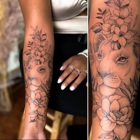 Bottom Arm Sleeve Tattoo, Lioness Forearm Tattoo Women, Lioness Sleeve Tattoo, Lion Arm Tattoo Women, Lioness Tattoo For Women Arm, Sleeve Inspo Tattoo, Ladies Forearm Tattoo Ideas, Top Of Arm Tattoo, Fine Line Sleeve