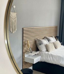 Wooden Wall Bedroom, Wooden Slat Wall, Barcode Design, Wood Wall Paneling, Panel Bedroom, Accent Wall Bedroom, Wood Panel Walls, Slat Wall, Wooden Slats