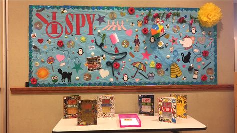 August 2017 Tallmadge I Spy Bulletin Board Mystery Library Bulletin Board, I Spy Library Display, I Spy Bulletin Board Preschool, Ispy Bulletin Board Ideas, I Spy Bulletin Board Ideas, I Spy Bulletin Board, School Library Book Displays, School Library Bulletin Boards, Office Bulletin Boards