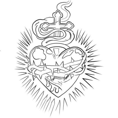 Praying Hands Artwork, Sacred Heart Sketch, Sacred Heart Outline, Sacred Heart Stencil, Jesus Heart Tattoo, Sacred Heart Tattoo Stencil, Tattoo Templates Stencil, Sacred Heart Drawing, Sacred Heart Tattoo Design