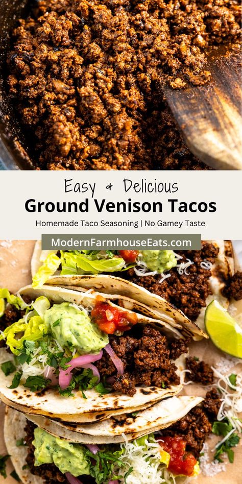 The most flavorful ground venison tacos made with a homemade seasoning blend and fresh lime juice! Serve in warm tortillas with a simple avocado lime crema and your favorite toppings for an easy weeknight family dinner ready in just 20 minutes. Elk Tacos Ground, Venison Tacos Slow Cooker, Deer Tacos Ground Venison, Simple Venison Recipes, Deer Meat Tacos, Ground Venison Tacos, Gluten Free Venison Recipes, Venison Tacos Recipes, Ground Venison Recipes Healthy