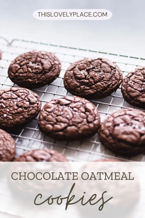 Recipe for baked chocolate oatmeal cookies that come out of the oven with a delicate chewy texture like brownies. Recipe adapted from a vintage cookbook to use less sugar. Easy to modify with added ingredients. Oatmeal Cocoa Cookies, Dark Chocolate Oatmeal Cookies, Healthy Oatmeal Chocolate Cookies, Chocolate Oatmeal Cookies Healthy, Oatmeal Chocolate Cookies, Academic Portfolio, Healthy Oatmeal Cookies, Chocolate Oatmeal Cookies, Cocoa Cookies