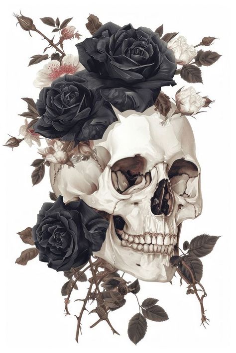 A japanese Skull with black roses art pattern drawing. | premium image by rawpixel.com / Fluke Skeleton Art Flowers, Skull Drawings With Flowers, Skull With Leaves, Skull And Flowers Art, Skull And Roses Art, Skull With Flowers Growing Out Of It, Black Rose Drawing, Skeleton Art Dark, Gothic Vintage Aesthetic