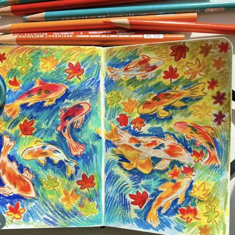 Color Pencil Sketchbook, Fish In A Pond, Sketchbook Spread, Color Pencil Illustration, Fish Drawing, A Level Art Sketchbook, Sunflower Wall Art, Fish Drawings, A Pond