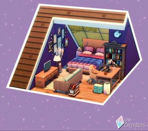 Sims 4 Art Studio, Loft Sims 4, Sims 4 Art, Realistic Bedroom, Sims Interior, Sims4 Builds, Attic Room Ideas, Hart House, Sims Builds