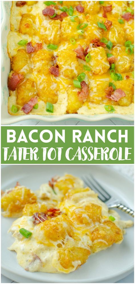 A simple dinner the whole family will love! Chicken Bacon Ranch Tater Tot Casserole is a cheesy chicken casserole topped with crispy bacon, more cheese, and tater tots! And then it’s baked until bubbly and delicious. Bacon Ranch Tater Tot Casserole, Ranch Tater Tot Casserole, Cheesy Chicken Casserole, Dinners Ideas, Tot Casserole, Pine Kitchen, Tater Tot Casserole, Tater Tots, Chicken Bacon Ranch