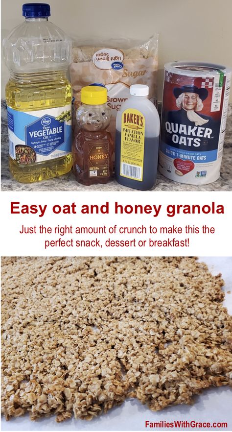 This oat and honey granola recipe is easy and delicious! With just the right amount of crunch and sweetness it makes a great breakfast, snack or dessert! #Granola #Recipe #GranolaRecipe #OatAndHoney #EasyRecipes #FamilyRecipes #KidRecipes Granola Recipe Quick Oats, Quick Oats Granola, Oats And Honey Granola Recipe, Crunchy Granola Recipe Healthy, Honey Oats Granola, Honey Granola Recipe, Oat And Honey Granola, Oats And Honey Granola, Family Friendly Breakfast