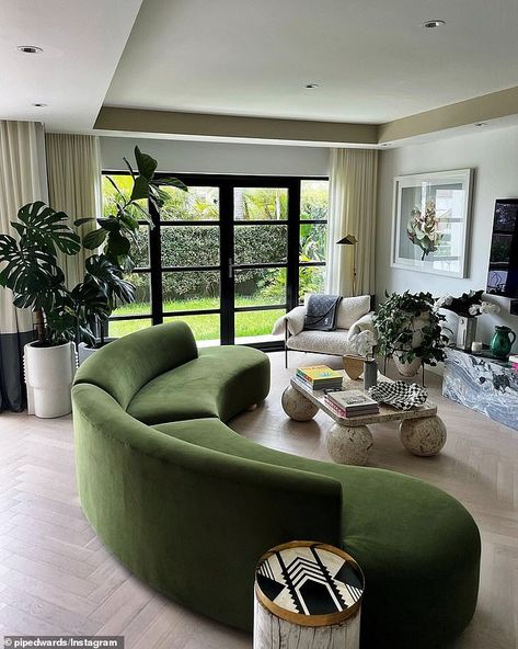 Going green: On Monday, she shared a photo of the property's living room, complete with a marble coffee table and circular green sofa Curved Sofa Living Room, Green Sofa Living, Green Sofa Living Room, Round Sofa, Green Sofa, Living Room Green, Curved Sofa, Sofa Styling, Living Room Inspo