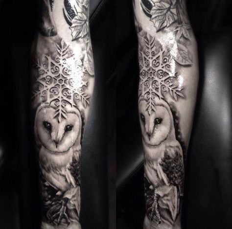 Artist Karlee Sanrina Snow Owl Tattoo, Owl Tattoo For Women, Snowy Owl Tattoo, Tattoos Owl, Snowflake Tattoo, Snow Tattoo, Snow Flake Tattoo, Bike Tattoos, Pisces Tattoos