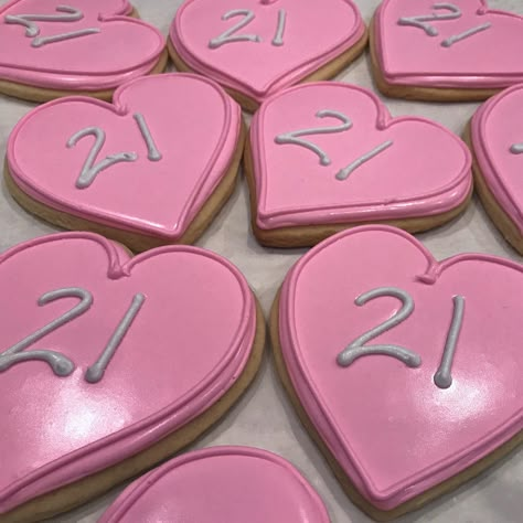 Bday Cake Cookies, 21st Birthday Pink Party, 22nd Birthday Cookies, 21 Sugar Cookies, 21st Cookie Ideas, Birthday 21 Ideas, 21st Birthday Food, 21 St Birthday Cookies, 21st Bday Cookies