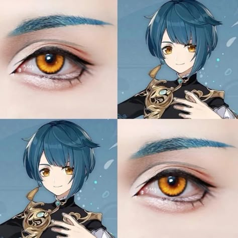 Genshin Impact Eye Makeup, Genshin Makeup Ideas, Genshin Impact Makeup Looks, Scaramouche Eye Makeup, Genshin Eye Makeup, Genshin Impact Makeup, Cosplay Eye Makeup, Xingqiu Cosplay, Cosplay Eyes