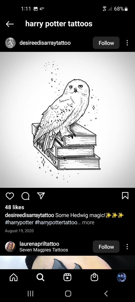 Harry Potter Books Tattoo Design, Book Owl Tattoo, Harry Potter Letter Tattoo, Harry Potter Hedwig Tattoo, Hedwig Tattoo Harry Potter, Pua Cake, Harry Potter Owl Tattoo, Healer Tattoo, Hedwig Tattoo