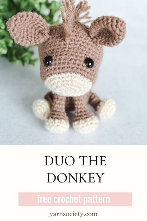 Crocheted Donkey in brown yarn sits in front of a green bush. Free Crochet Donkey Patterns, Free Donkey Crochet Pattern, Mini Horse Crochet Pattern Free, Donkey Amigurumi Free Pattern, Goat Amigurumi Free Pattern, Amigurumi Horse Free Pattern, Donkey Crochet Pattern Free, Crochet Donkey Free Pattern, Goat Crochet Pattern Free