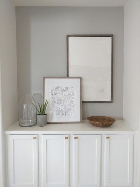 Entryway Counter Ideas, Alcove Ideas Entryway, Hallway Counter Decor Built Ins, Hallway Nook Decorating Ideas, Recessed Entryway Ideas, Upstairs Hallway Nook Ideas, Entryway Nook Decor, Hall Nook Ideas Hallways, Entry Nook Decor