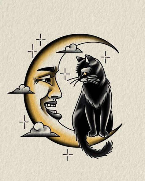 Half Moon Tattoo, Traditional Tattoo Inspiration, Optical Illusion Tattoo, Black Cat Tattoos, Bat Tattoo, Fantasy Tattoos, Spooky Tattoos, Tattoo Portfolio, Classic Tattoo