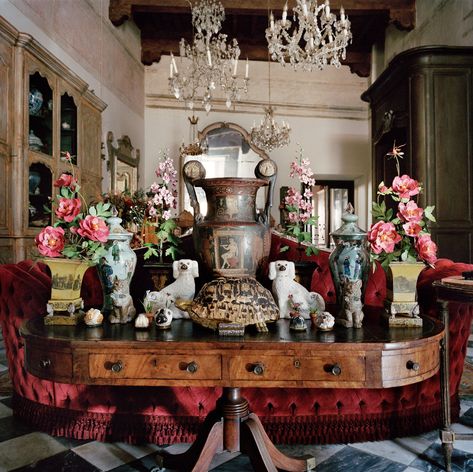 Inside Alessandro Michele’s Otherworldly Apartment in Rome | Vogue Rome Apartment, Eclectic Interior Design, Delft Tiles, Pet Monkey, Arts Crafts Style, Alessandro Michele, Velvet Armchair, Glass Cabinet, Ancient Artifacts