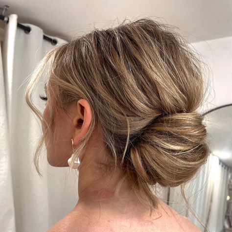 Messy Bun with Volumized Crown Bridesmaid Bun, Bridesmaid Hair Bun, Messy Bun Wedding, Low Bun Wedding Hair, Textured Updo, Cute Bun Hairstyles, Hair Luxury, Messy Hair Updo, Curly Bun Hairstyles