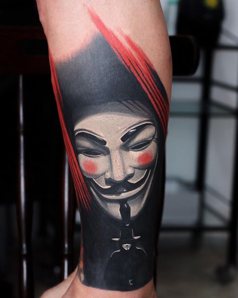 V For Vendetta Tattoo, Vendetta Tattoo, Joker Face Tattoo, Arm Cover Up Tattoos, Tatuaje Trash Polka, Cover Up Tattoos For Men, Vendetta Mask, Redemption Tattoo, Art Inspired Tattoos