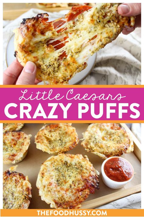 Little Caesars Crazy Puffs are the newest menu item taking social media by storm! Bites of handheld goodness filled with cheesy pepperoni pizza toppings! But guess what - you can make them at hot-n-ready AT HOME for less $$!  via @foodhussy Cupcake Pizza Bites, Little Caesar’s Pizza Puffs, Crazy Puffs Pizza, Homemade Pizza Puffs, Crazy Puffs Recipe, Little Ceasars Puffs, Little Cesar’s Crazy Puffs, Little Caesars Crazy Puffs, Crazy Puffs Little Caesars