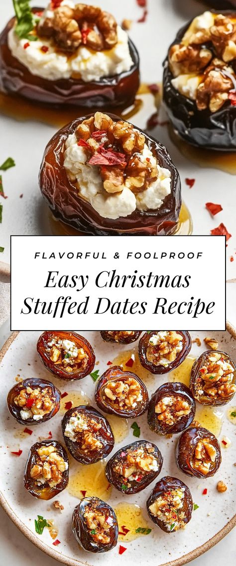 Image for Easy Christmas Stuffed Dates Recipe Date Recipes Medjool Stuffed, Stuffed Dates Appetizers, Stuffed Dates Recipes Sweets, Dates Appetizer Recipes, Date Appetizer Recipes, Stuffed Dates Recipes Appetizers, Winter Appetizers For Party, Roasted Dates, Stuffed Dates Recipes