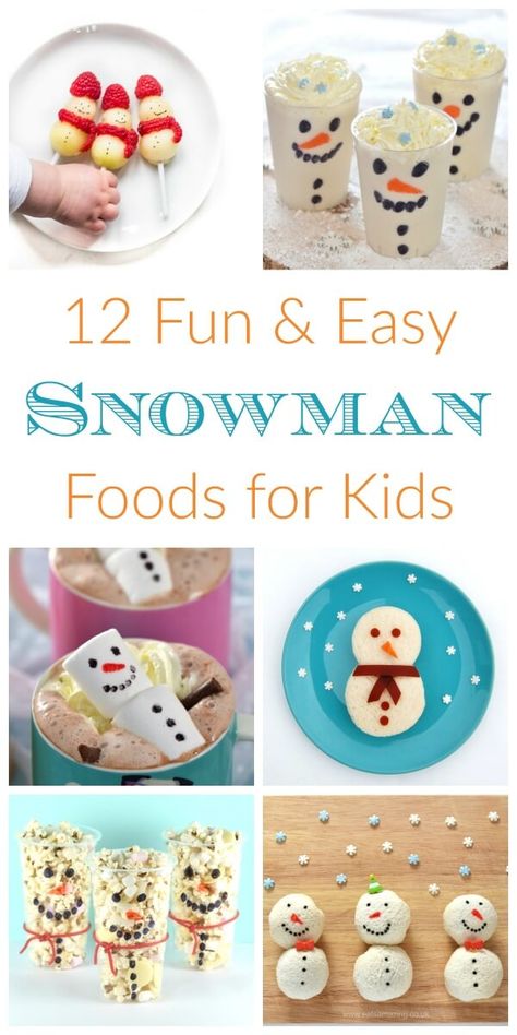 Snowman themed fun food ideas for kids - these cute ideas are perfect for party food lunch boxes snacks and treats - Eats Amazing UK Kid Christmas Party Food, Fun Food Ideas For Kids, Winter Party Foods, Party Food Boxes, Childrens Party Food, Food Ideas For Kids, Fun Food Ideas, Theme Snack, Snowman Treats