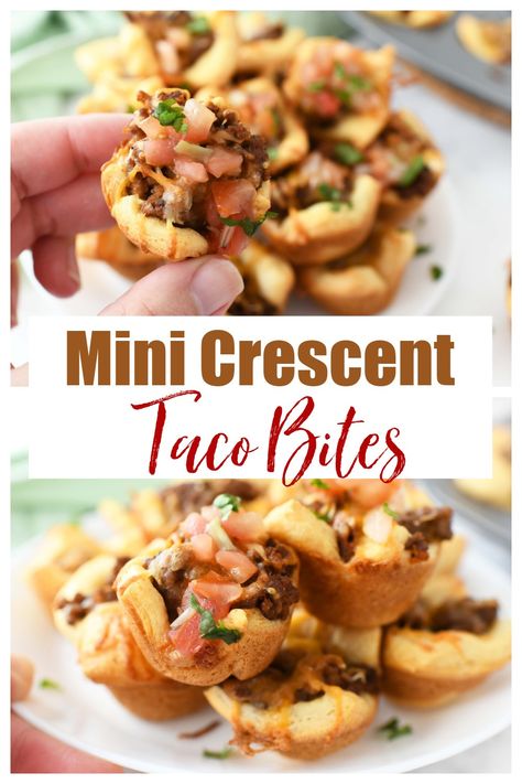 Crescent Roll Taco Cups - These Mini Crescent Taco Bites are so easy and delicious to enjoy for a quick meal or appetizer. They are extremely kid-friendly and take less than 30 minutes to put together. #TacoBites #TacoCups #crescenttacos #crescentrolls via @muffintinrecipes Taco Pizza Crescent Rolls, Crescent Roll Bites, Taco Bites Crescent Rolls, Mini Taco Bites Appetizers, Taco Cups Crescent Rolls, Funny Appetizers, Taco Bites Appetizers, Crescent Taco, Mini Taco Appetizer