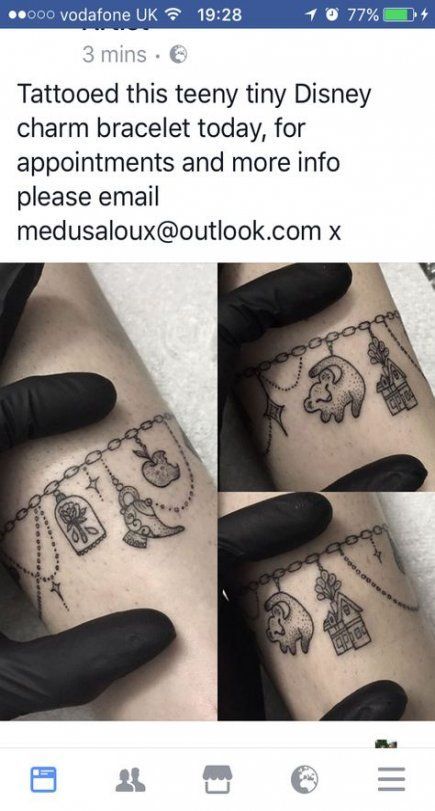 250+ Best Disney Tattoo Designs (2020) Simple Small Themed Ideas from Disneyland World Charm Bracelet Tattoo, Ad Tattoo, Disney Charm Bracelet, Disney Sleeve, Bracelet Tattoo, Armband Tattoos, Disney Tattoo, Geniale Tattoos, Disney Charms