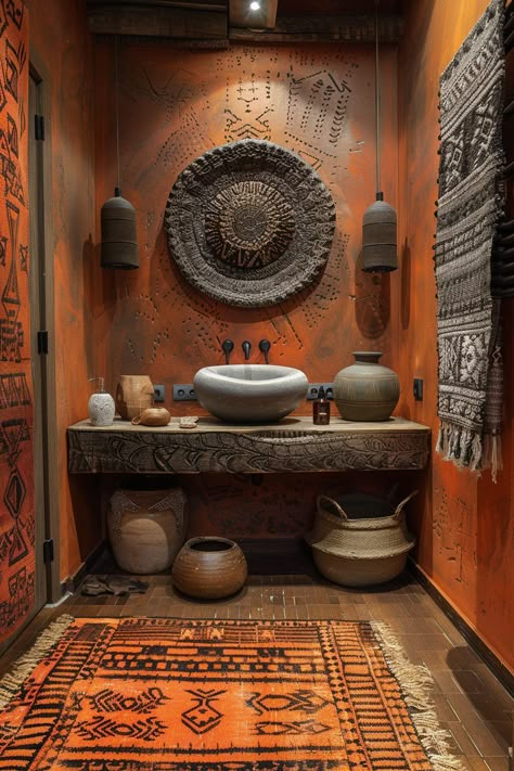 29 Afrohemian Decor Ideas to Infuse Culture and Style 12 African Shop Interior, Ancient Decor Ideas, African Themed Bathroom, African Art Interior Design, African Luxury Homes, African Bathroom Ideas, North African Interior Design, African Bathroom Decor Ideas, Nigerian Interior Design