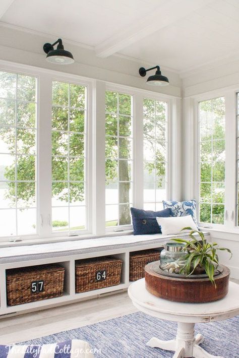 Lake House Sunroom of the Lilypad Cottage Sunroom Window Seat Ideas, Room Of Windows, Built In Bench Sunroom, Sunroom Doors Entrance, Mudroom Screened In Porch, Sun Mud Room, Ikea Sun Room, Mud Room In Sunroom, Mud Room Seat