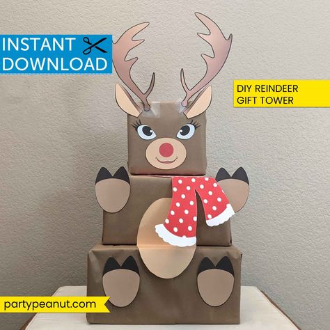 Reindeer Gift Tower, Christmas Gift Template, Reindeer Template, Paper Reindeer, Gift Box Christmas, Gift Towers, Reindeer Gifts, Diy Party Supplies, Kraft Paper Wrapping