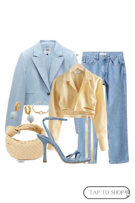 Pastel And Denim Outfit, Denim Heels Outfit Ideas, Denim Sandals Outfit, Yellow And Blue Outfits, Blue And Yellow Outfit, Denim Heels Outfit, Yellow Heels Outfit, Blue Heels Outfit, Pastel Blue Outfit