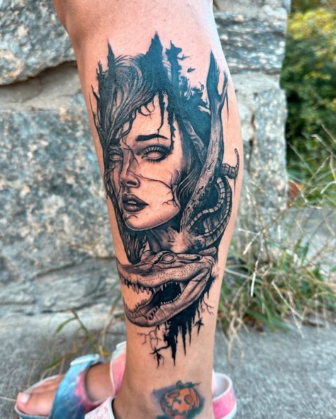 Florida inspired swamp witch 🐊 Really enjoyed all the textures in this 🪵💖 Florida Swamp Tattoo, Swamp Tattoo, Florida Swamp, Swamp Witch, Tattoos And Piercings, Piercings, Witch, Florida, Texture