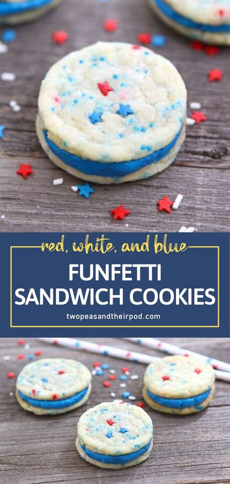 Go all out on the 4th of July with this easy recipe! Red, White & Blue Funfetti Sandwich Cookies will be a hit with a crowd at your party. Filled with a rich buttercream frosting and adorned with sprinkles, these festive treats are perfect for the patriotic holiday! Funfetti Sandwich, Oatmeal No Bake Cookies, Cozy Cook, Funfetti Cookies, Cookie Recipes Homemade, Summer Baking, 4th Of July Desserts, Best Party Food, Fourth Of July Food