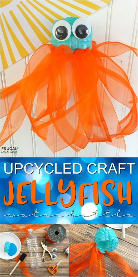 Upcycled Craft | Jellyfish Water Bottle on Frugal Coupon Living. A Fun way to reuse a plastic water bottle and have fun creating a new use with the kids! #frugalcouponliving #octopus #jellyfish #giantsquid #jellyfishcraft #octopuscraft #squidcraft #underthesea #beachparty #upcycle #upcyclecraft #waterbottle #earthday #earthdaycraft #craftsforkids #beachpartycrafts #beachpartydecor Craft Summer, Water Bottle Crafts, Beach Craft, Jellyfish Craft, Arts And Crafts For Adults, Arts And Crafts For Teens, Craft Craft, Arts And Crafts House, Sea Crafts