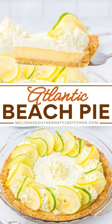 This summer dessert recipe is a wonderful take on Chef Bill Smith's brainchild! It's a spring baked good that features a saltine cracker crust. Bursting with bright, fresh flavor, this homemade Atlantic Beach Pie is so good. Enjoy this citrus pie as a Mother's Day treat! Saltine Cracker Pie Crust, Easy Summer Pies, Cold Pie Recipes, Soda Cracker Pie, Saltine Cracker Crust, Citrus Pie, Beach Pie, Water Pie, Summer Pies