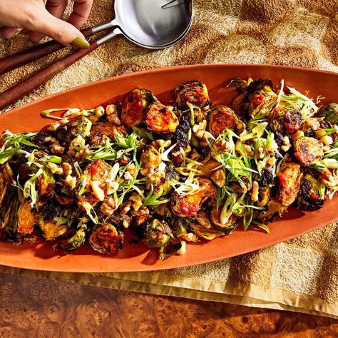 Roasted Brussels Sprouts With Gochujang Brown Butter Recipe | Bon Appétit Gochujang Recipes, Rice Sides, Vegetarian Roast, Winter Foods, Sprouts Recipe, Thanksgiving 2024, Pear Salad, Roasted Brussel, Korean Dishes