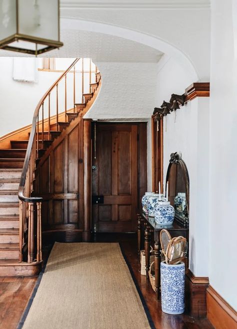 Tour Forest Hall, A Historic Manor in Northern Tasmania | Homes To Love Pressed Metal Ceiling, Home Entryway, Outdoor Renovation, Mudroom Entryway, Homes To Love, Mudroom Design, Heritage House, Open Fireplace, Queen Bedroom