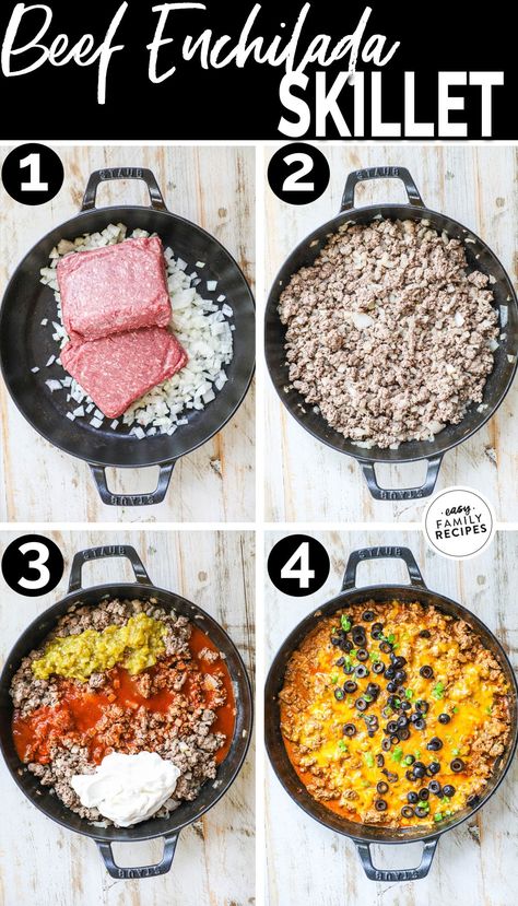 Husband FAVORITE! Beef Enchilada Skillet is a supper quick and easy way to get all the delicious flavor of ground beef enchiladas with none of the carbs! This low carb dinner idea is perfect for the whole family since it can be served low carb, or used to stuff tortillas, over chips, or rice. It is the best easy ground beef dinner recipe and a regular on our dinner rotation. Make it for an easy weeknight dinner or a keto dinner that the whole family will love! Quick Low Carb Ground Beef Recipes, Easy Keto Recipes With Ground Beef, High Protein Dinner Ground Beef, Hamburger Meat Recipes Keto, Ground Beef Casserole Recipes Healthy, Impossible Ground Beef Recipes, Beef Enchilada Skillet Recipe, Beef Enchilada Skillet, Ground Beef Recipes Keto