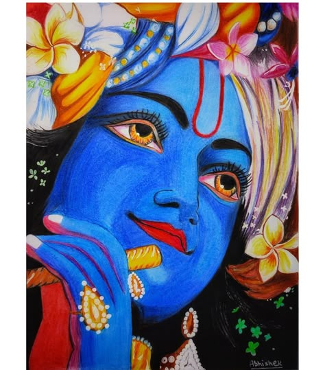 Krishna Ji Oil Pastel Drawing, Oil Pastel God Drawings, Radha Krishna Oil Pastel Drawing, Krishna Oil Pastels Drawing, Krishna Face Painting, Devotional Drawings, Krishna Ji Painting, Pencil Colour Painting, Krishna Sketch