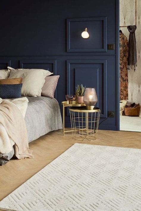 blue bedroom, blue bedroom color scheme, dusty blue bedroom, bedroom color ideas Midnight Blue Bedroom, Parquet Chevron, Tropical Luxe, Blue Bedroom Colors, Blue Bedroom Walls, Dark Blue Bedrooms, Navy Blue Bedrooms, Best Bedroom Colors, Bedroom Color Combination