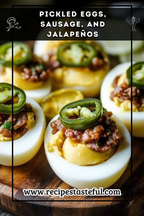 This flavorful dish combines hard-boiled eggs, smoked sausage, and spicy jalapeños, all pickled in a tangy brine. It's a unique and savory snack perfect for gatherings, parties, or as a delicious addition to your charcuterie board. Egg Charcuterie Board, Unique Appetizers, Hard Boiled Egg, Pickled Eggs, Boiled Egg, Smoked Sausage, Hard Boiled, Savory Snacks, Hard Boiled Eggs