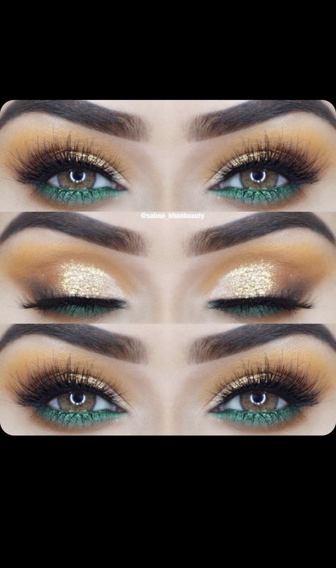 Emerald Green Bride Makeup, Smokey Eye With Green Undereye, Emerald And Gold Eye Makeup, Dark Green And Gold Eye Makeup, Emerald Green And Silver Eye Makeup, Copper Eyeshadow Tutorial, Green Pink Gold Eye Makeup, Gold And Green Makeup Looks, Make Up Yeux Vert