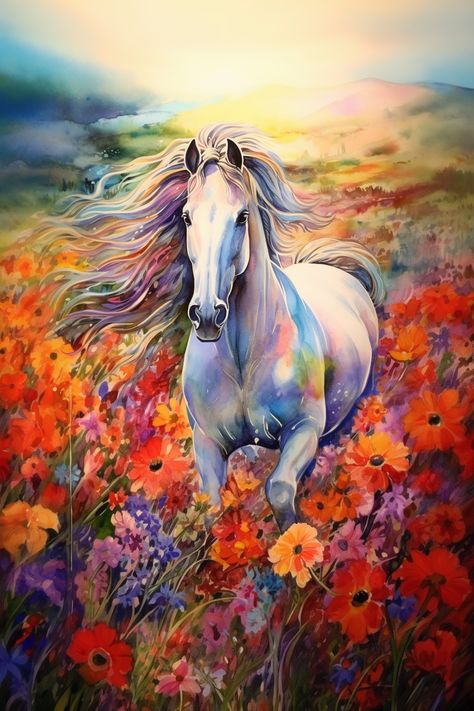 Beautiful Horse running in the field of flowers, colourful painting, Midjourney ai Flowers Colourful, Horse Flowers, Horse Running, Sunset Hills, Magical Horses, Horse Sketch, Beautiful Scenery Photography, Abstract Horse, Scenery Photography