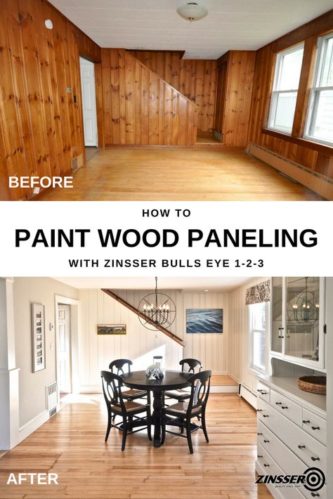 Say goodbye to 1970's knotty pine wood paneling and give your room a fresh new start. Zinsser Bulls Eye 1-2-3 Primer is the perfect start for your wood paneling living room makeover, like this one from SoPo Cottage. This water-based primer sticks to all surfaces without sanding, while sealing stains and tannin bleed. Your walls will thank you. Wood Paneling Living Room, Wood Paneling Makeover, Knotty Pine Paneling, Knotty Pine Walls, Paneling Makeover, Painting Wood Paneling, Renovation Budget, Pine Walls, After Pictures