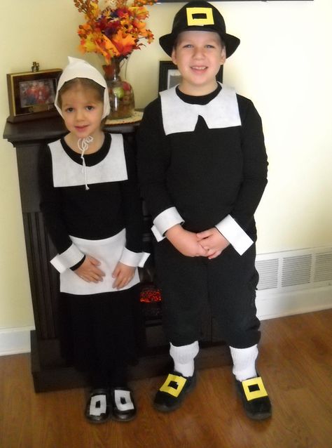 Pilgrim costumes #udderlysmooth #thanksgiving Easy Pilgrim Costume For Kids, How To Dress Like A Pilgrim, Pilgrim Outfits For Kids Diy, Paper Bag Pilgrim Costume, Diy Pilgrim Costume Kids, Pilgrim And Indian Preschool Costumes, Pilgrim Costume Diy, Diy Pilgrim Costume, Thanksgiving Costumes For Kids