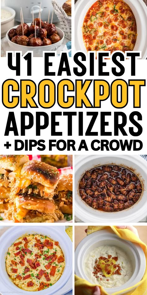 Super easy crockpot appetizers, dips and slow cooker snacks you can make ahead for your next potluck, holiday party, or game day. Cheap Dip Recipes For A Crowd, Crockpot Appetizers Dips, Bridal Shower Crockpot Food, Crock Pot Party Appetizers, Bunco Potluck Ideas, Healthy Crockpot Dips For Parties, Crockpot Recipes For Work Potluck, Birthday Party Crockpot Food, Party Crock Pot Recipes